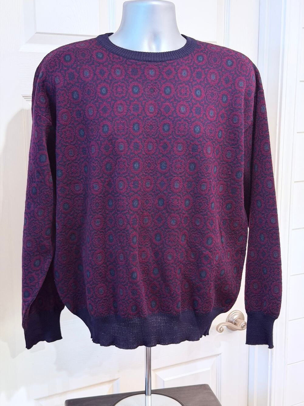Vintage Neiman Marcus 100% Virgin Wool Sweater Mens XL Purple Geometric Uruguay